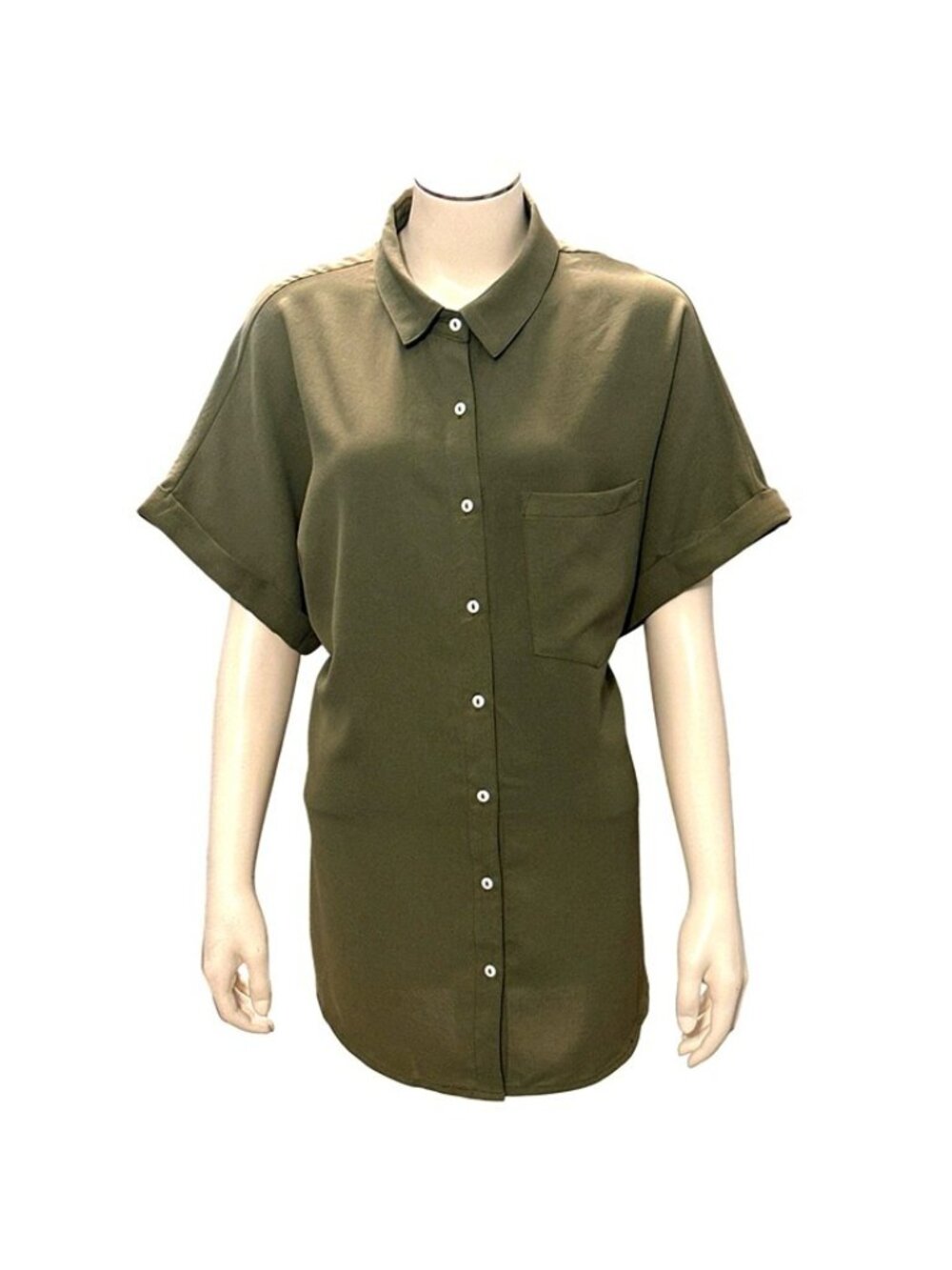 Army Green X Large Button Front Shirt Relaxed Fit Short Sleeve Utility Style Loo